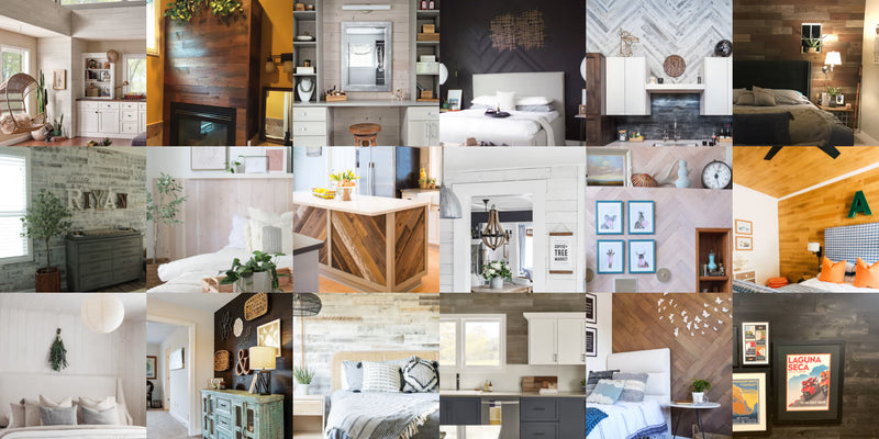 Collage of rooms featuring wood accent walls