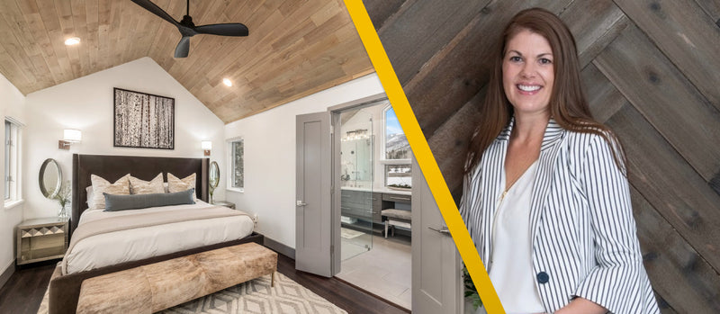Split image of a bedroom with a wood ceiling and its designer