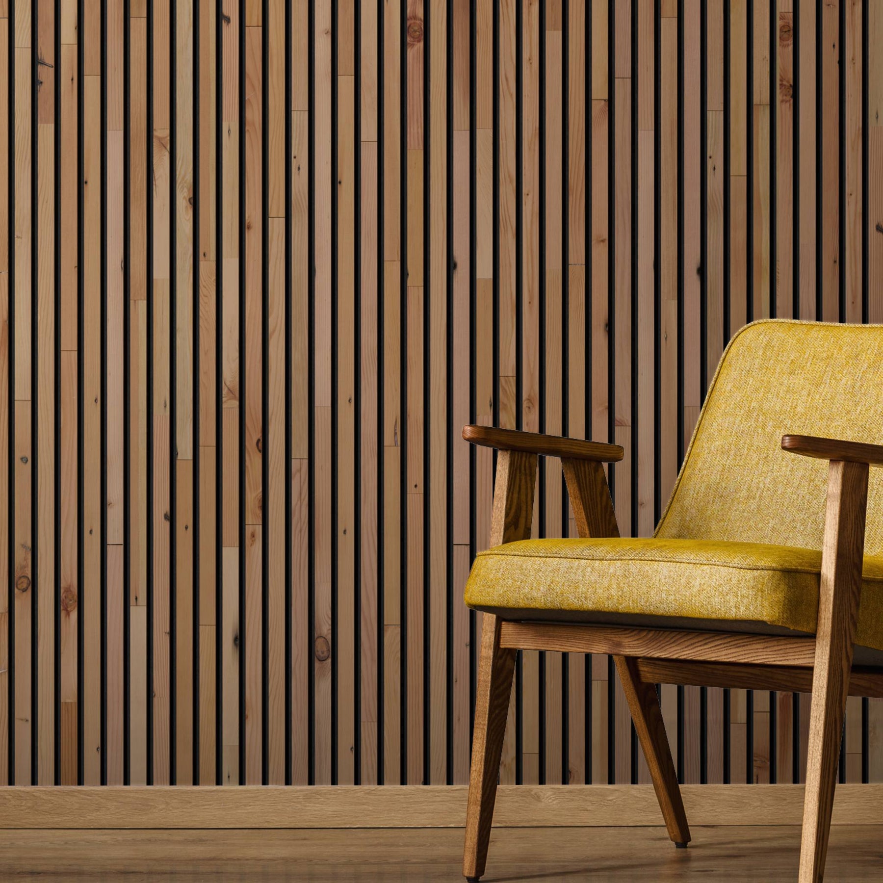 Slatwood acoustic wall panels shown as a modern vertical wood feature wall