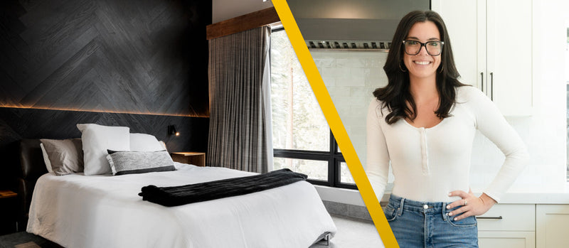 Split image of a bedroom with a dark chevron wall and its designer