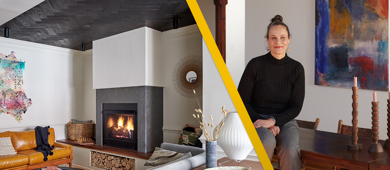 Split image of a living room with a fireplace and its designer