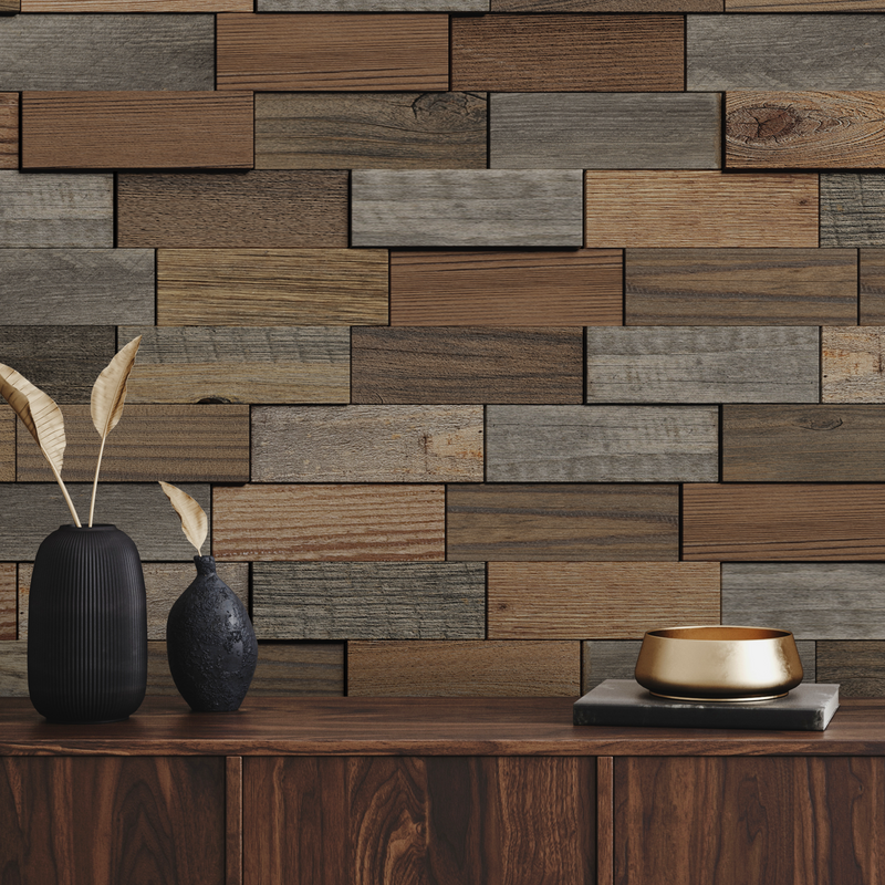 Sideboard beneath a wall of raised rectangular wood tiles