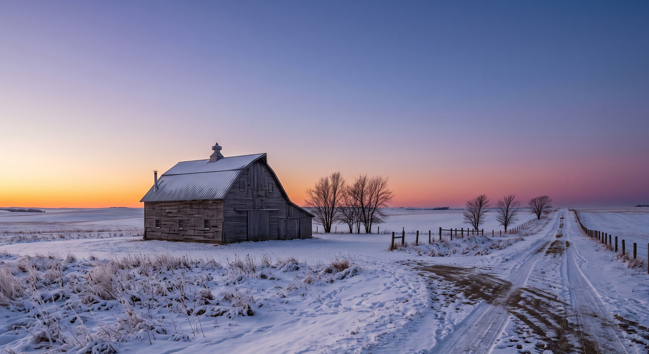 A snowy rural landscape at sunset with a weathered wooden barn, bare trees, a snow-covered field, and a dirt road leading into the distance under a purple, pink, and orange sky.