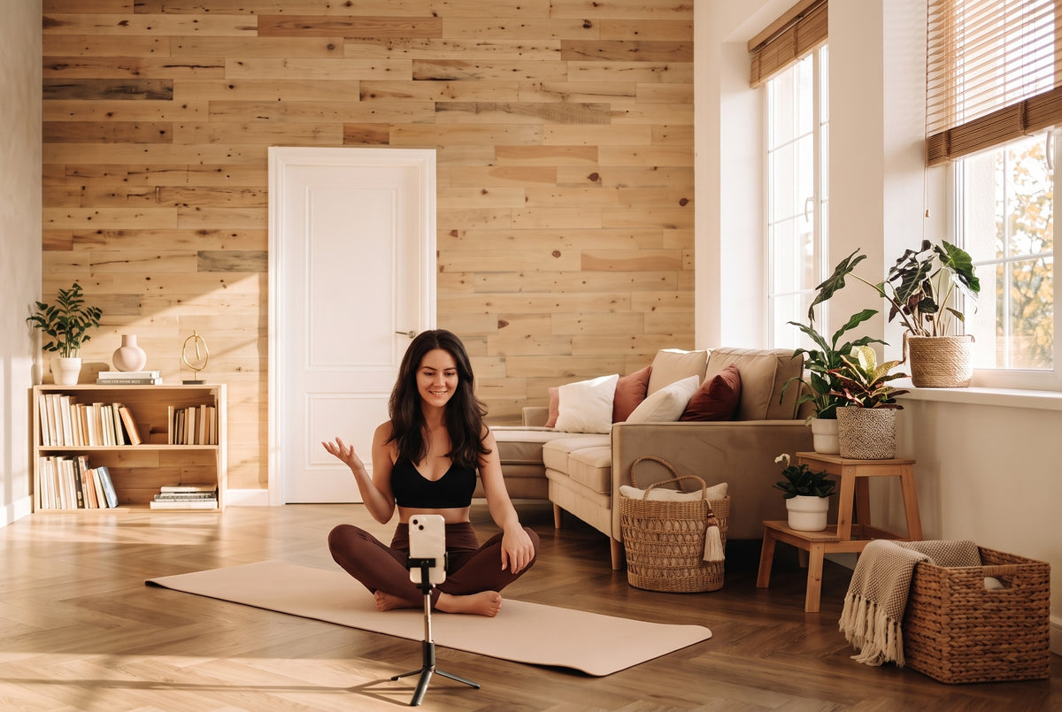 Woman recording a video in a living room with a wood accent wall