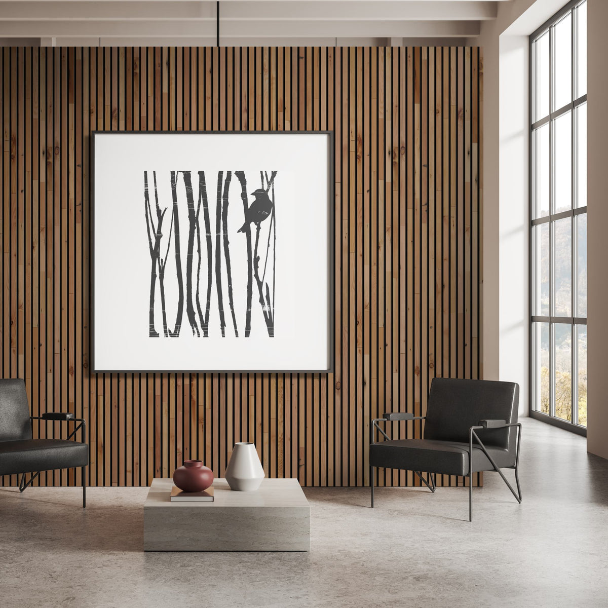 Living room scene with Reclaimed Natural Slatwood Chorus Acoustic Slat Panels on the wall