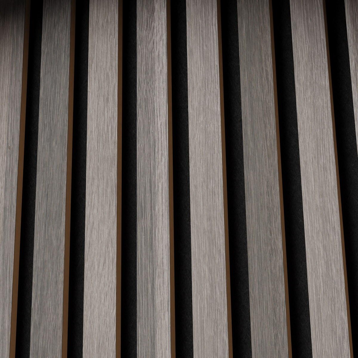 Close-up of natural European Oak acoustic slat panels with black felt backing for a stylish, sound-absorbing feature wall.