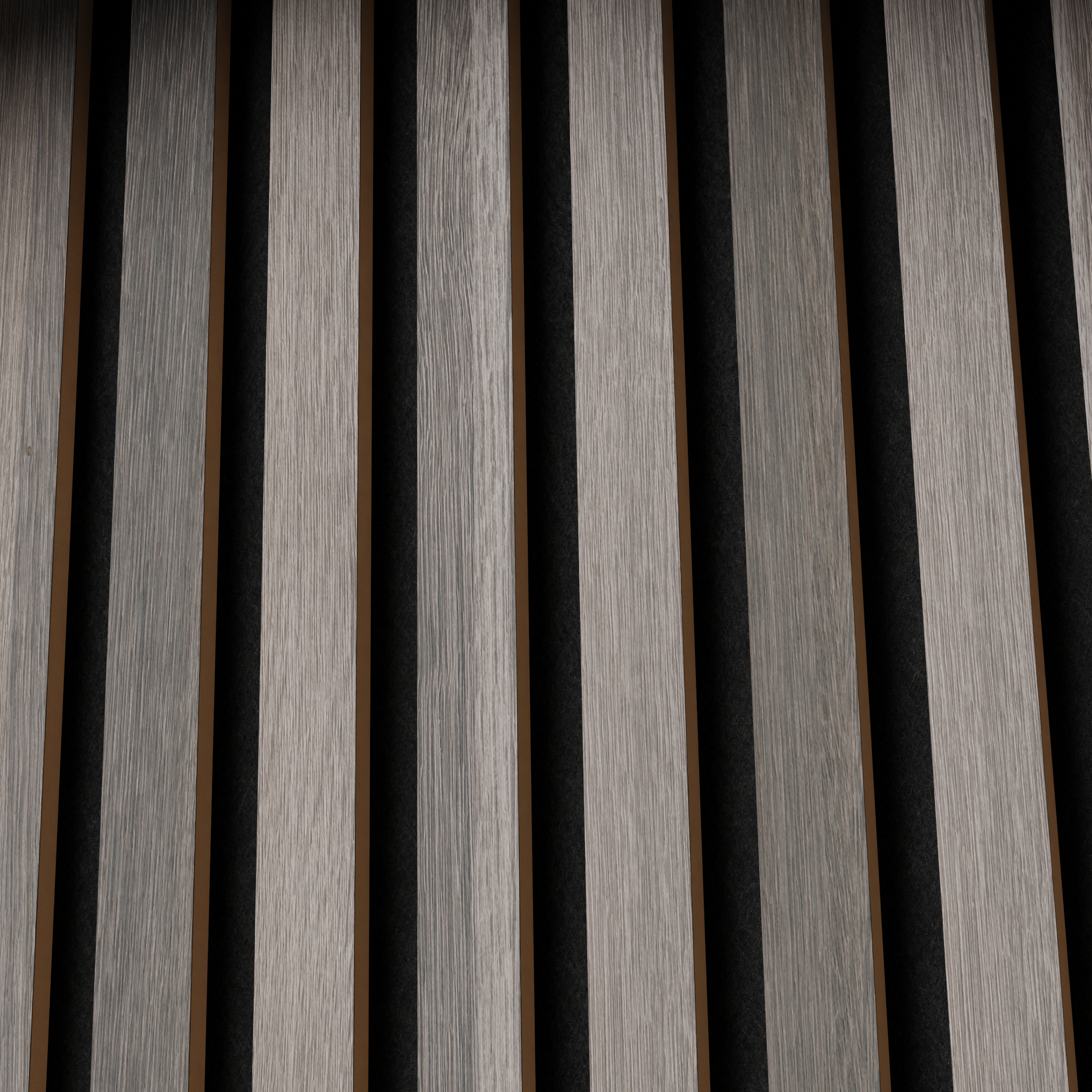 Close-up of natural European Oak acoustic slat panels with black felt backing for a stylish, sound-absorbing feature wall.