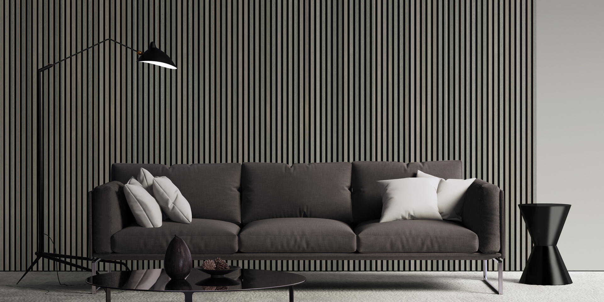 Modern living room with dark gray sofa, vertical wood plank feature wall, minimalist black floor lamp, and small side table