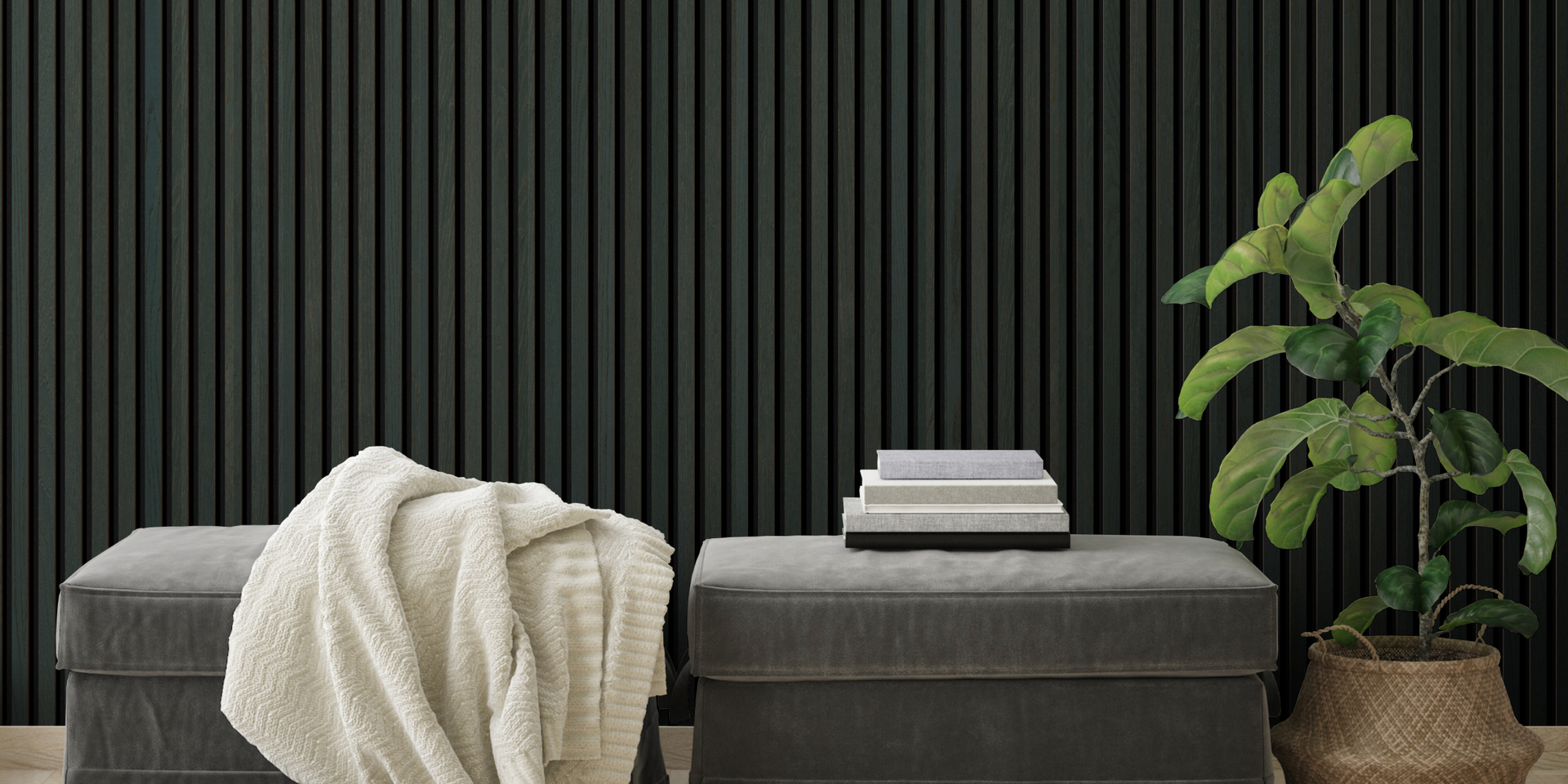 Cozy modern seating with soft blankets and greenery against a dark natural wood plank accent wall