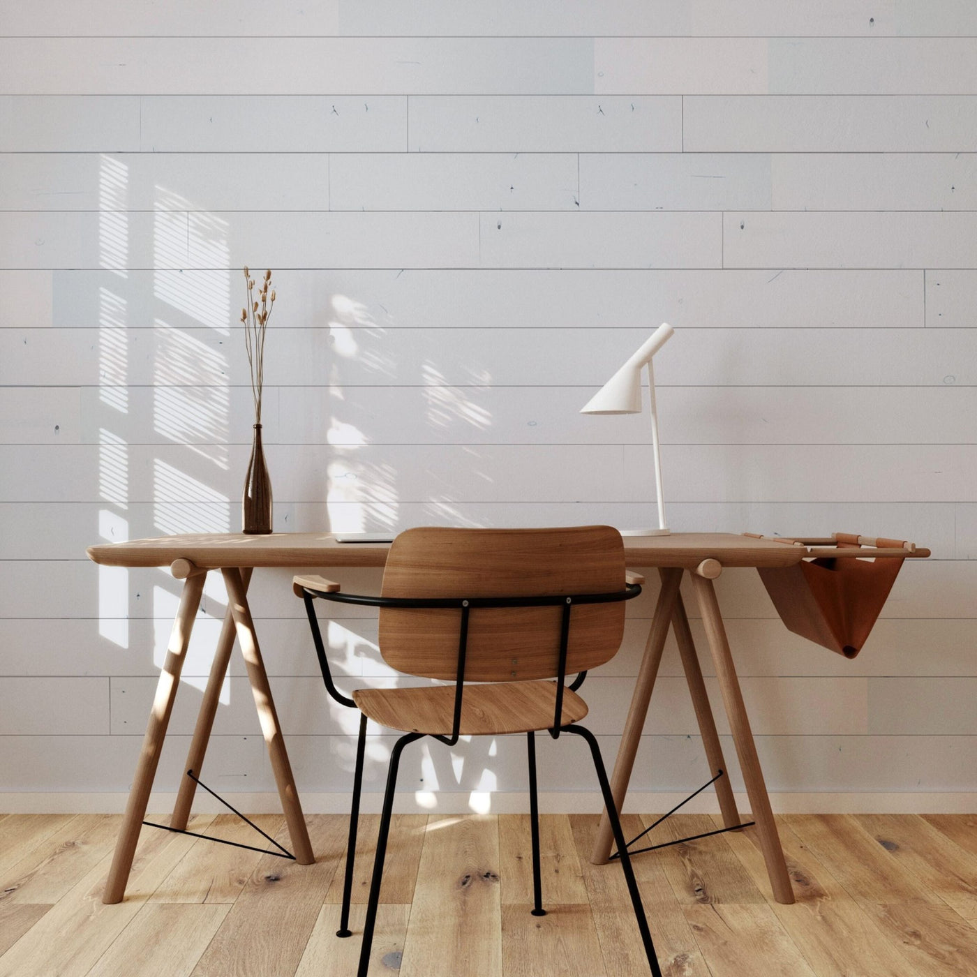 Modern White planks behind a desk, chair, and lamp with sunlight streaming through blinds