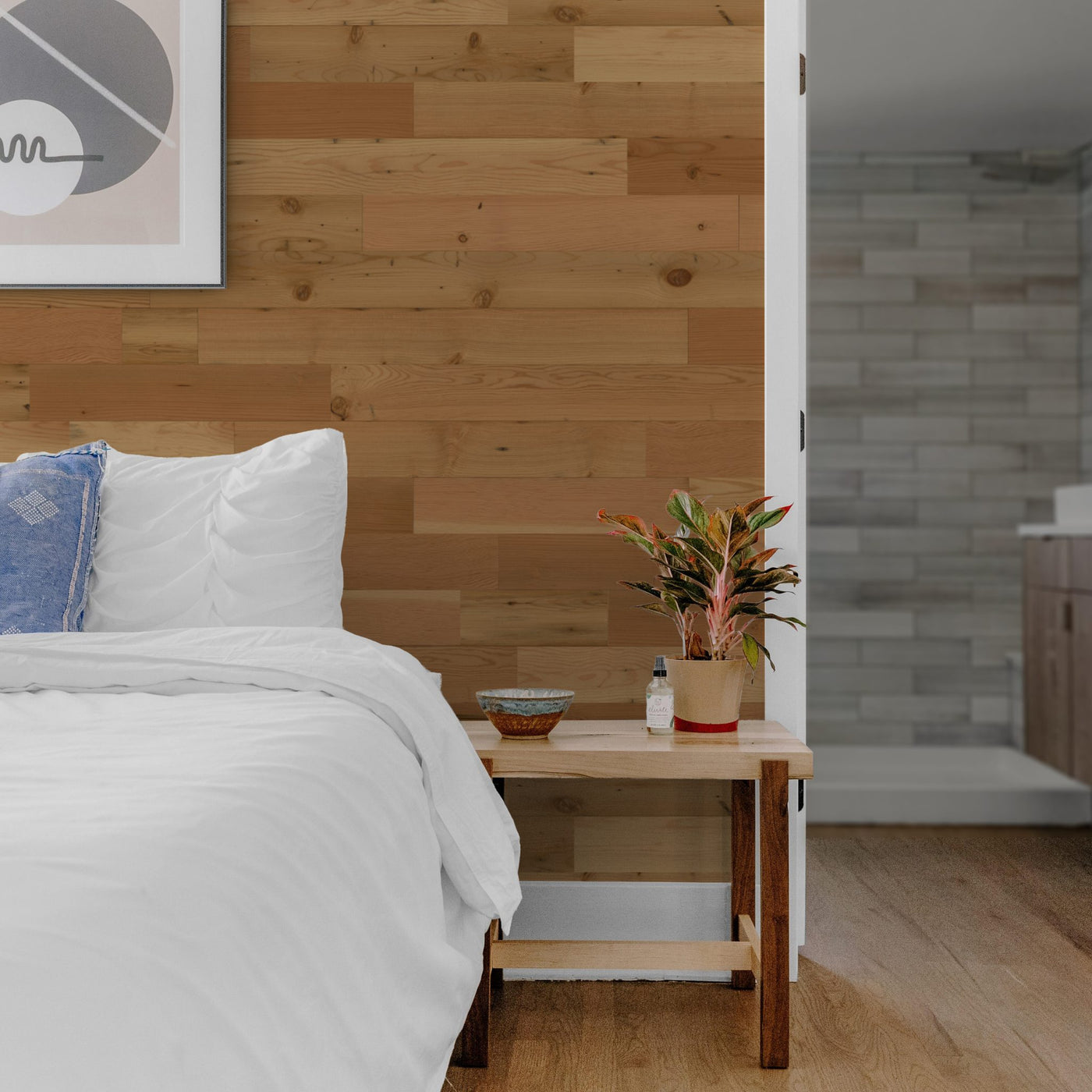 Bedroom with Reclaimed Natural planks on the wall behind the bed