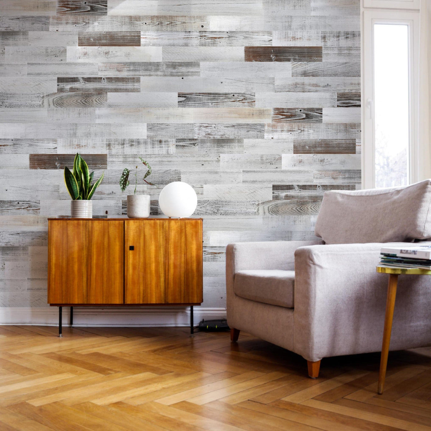 Living room with Rustic White wood plank accent wall