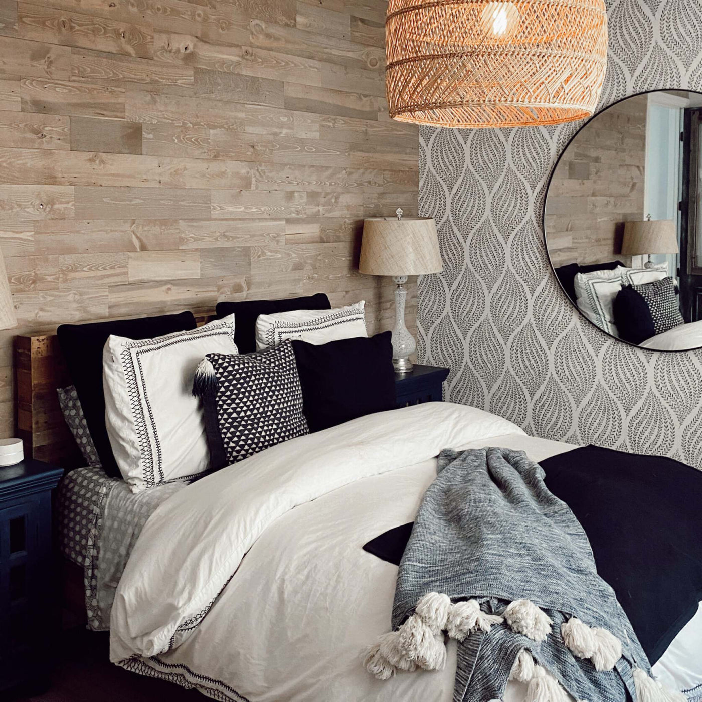 Bedroom scene with Sienna Peel & Stick Wood Wall Planks behind the headboard