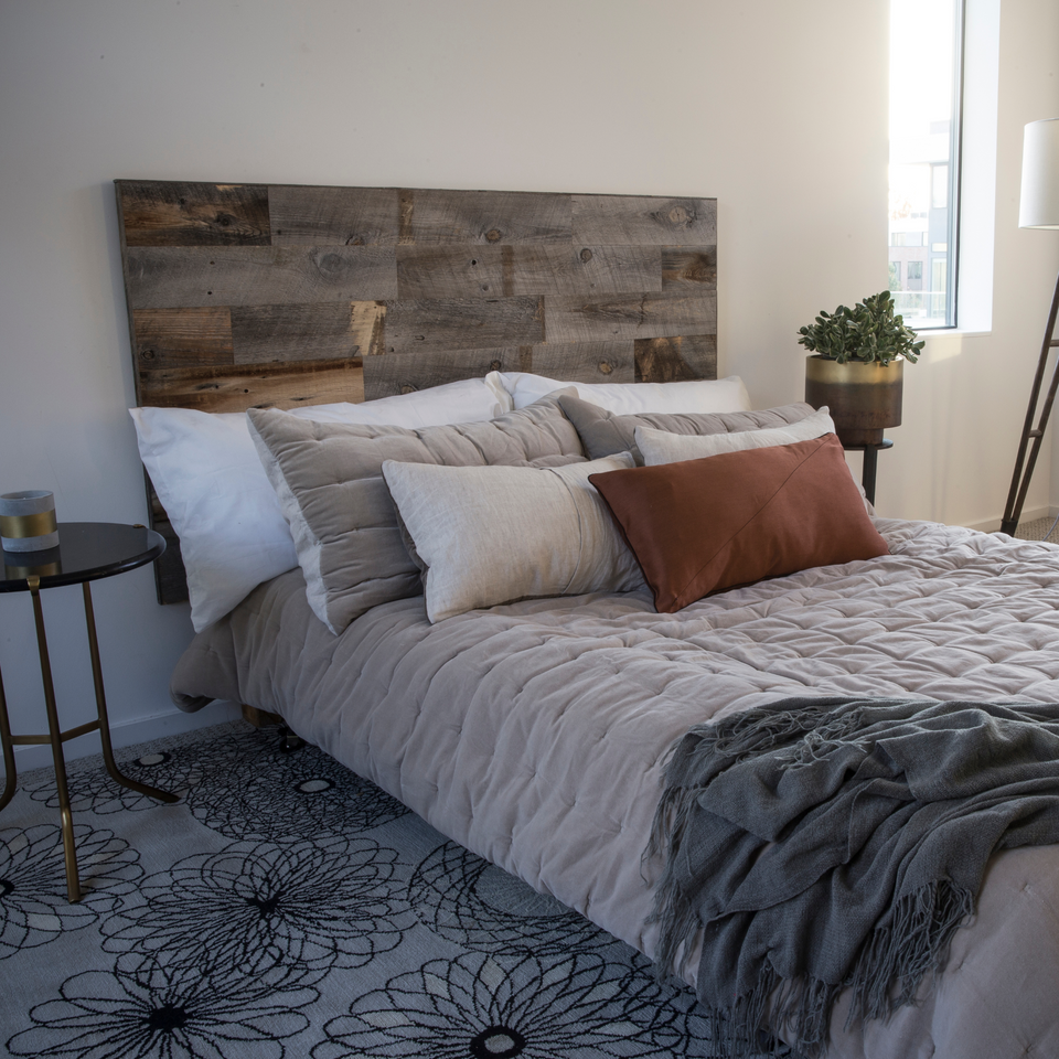 View of Reclaimed Weathered Wood Queen-Size Headboard | Stikwood