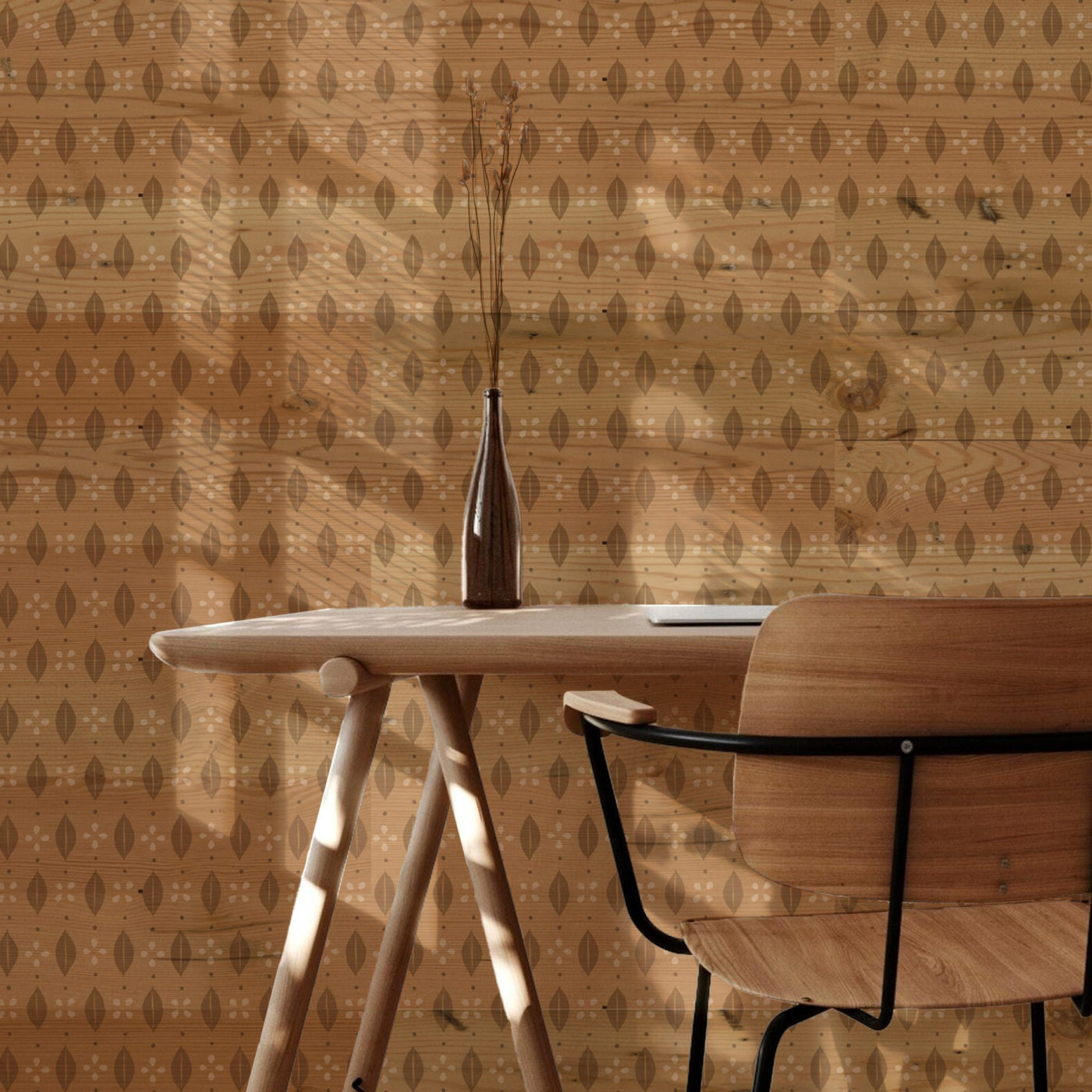 Blossom Peel & Stick Wood Wall Planks behind a desk and chair
