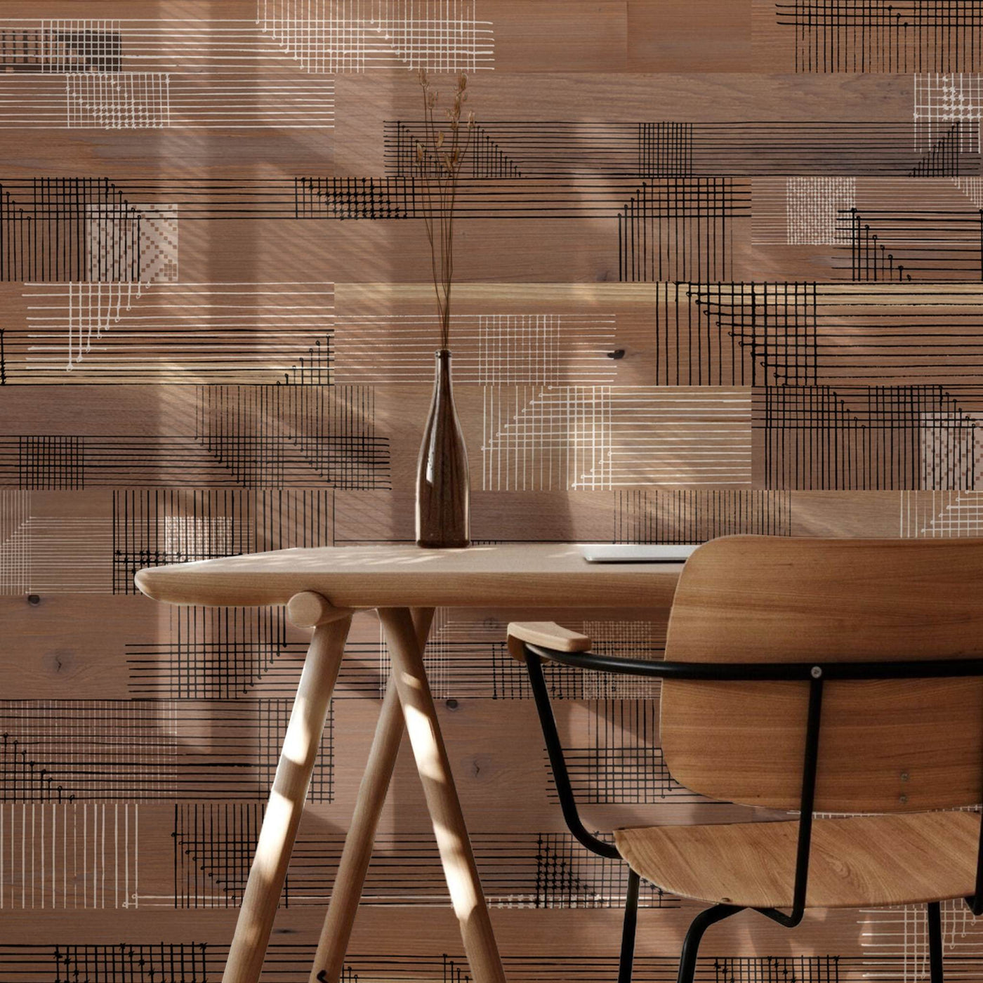 Loom Peel & Stick Wood Wall Planks behind a desk and chair