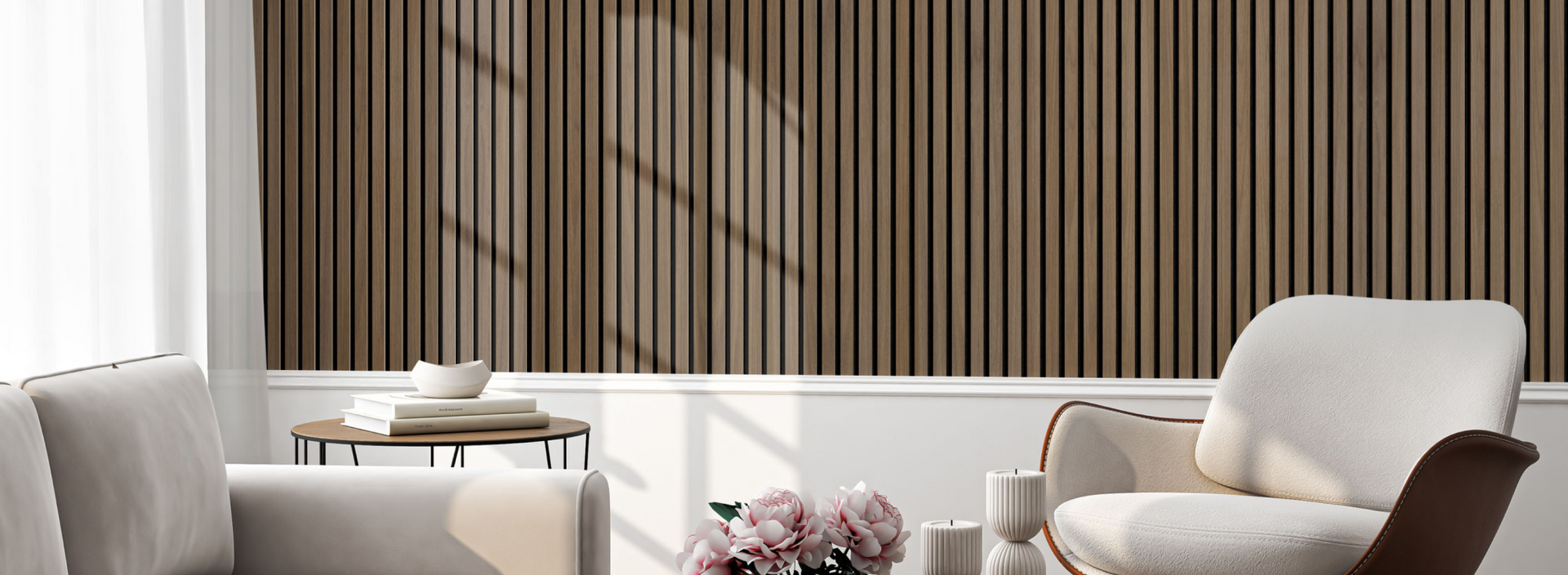 Bright modern living room with two armchairs, round side table, and natural wood slat peel and stick accent wall