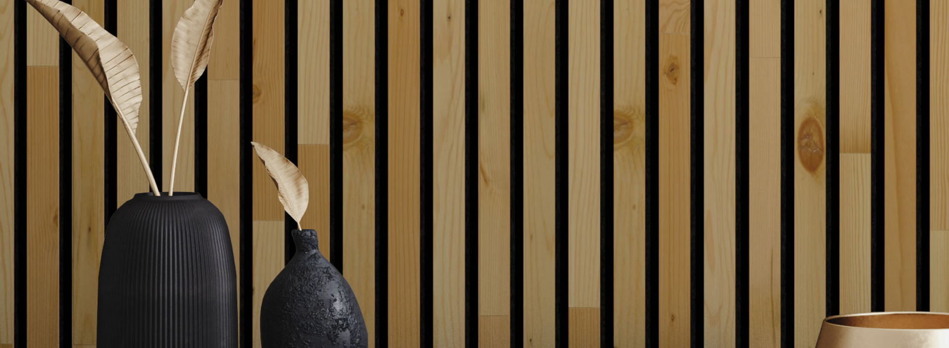Natural wood plank accent wall with narrow black gaps and two decorative vases in front creating a modern look