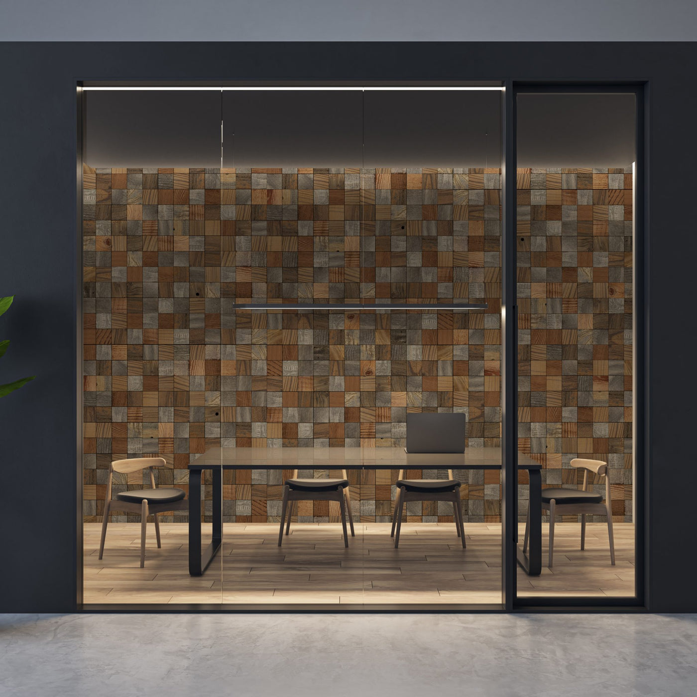 Conference room with Grid Buckskin Mosaic Wood Wall Tiles behind a table and chairs