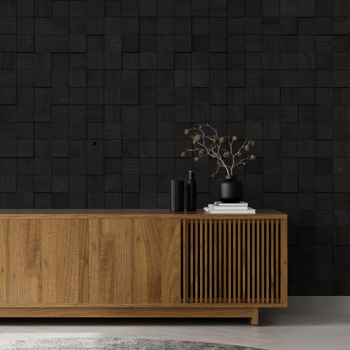 Grid Ember Mosaic Wood Wall Tile natural real wood accent wall with textured dark reclaimed wood blocks