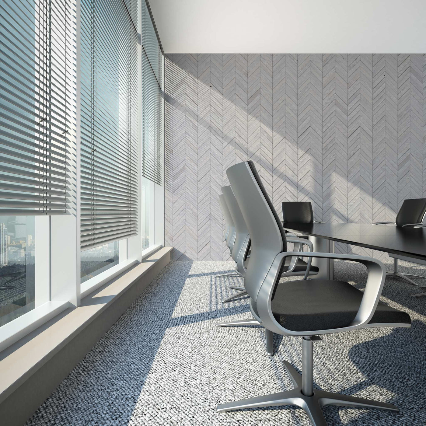 Conference room with a wall clad in Chevron Glacier Mosaic Wood Wall Tiles