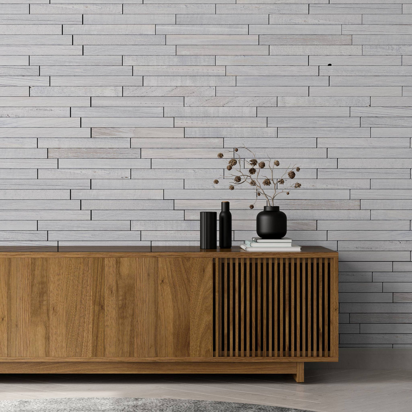 Stacked Glacier Mosaic Wood Wall Tiles behind a wooden console table