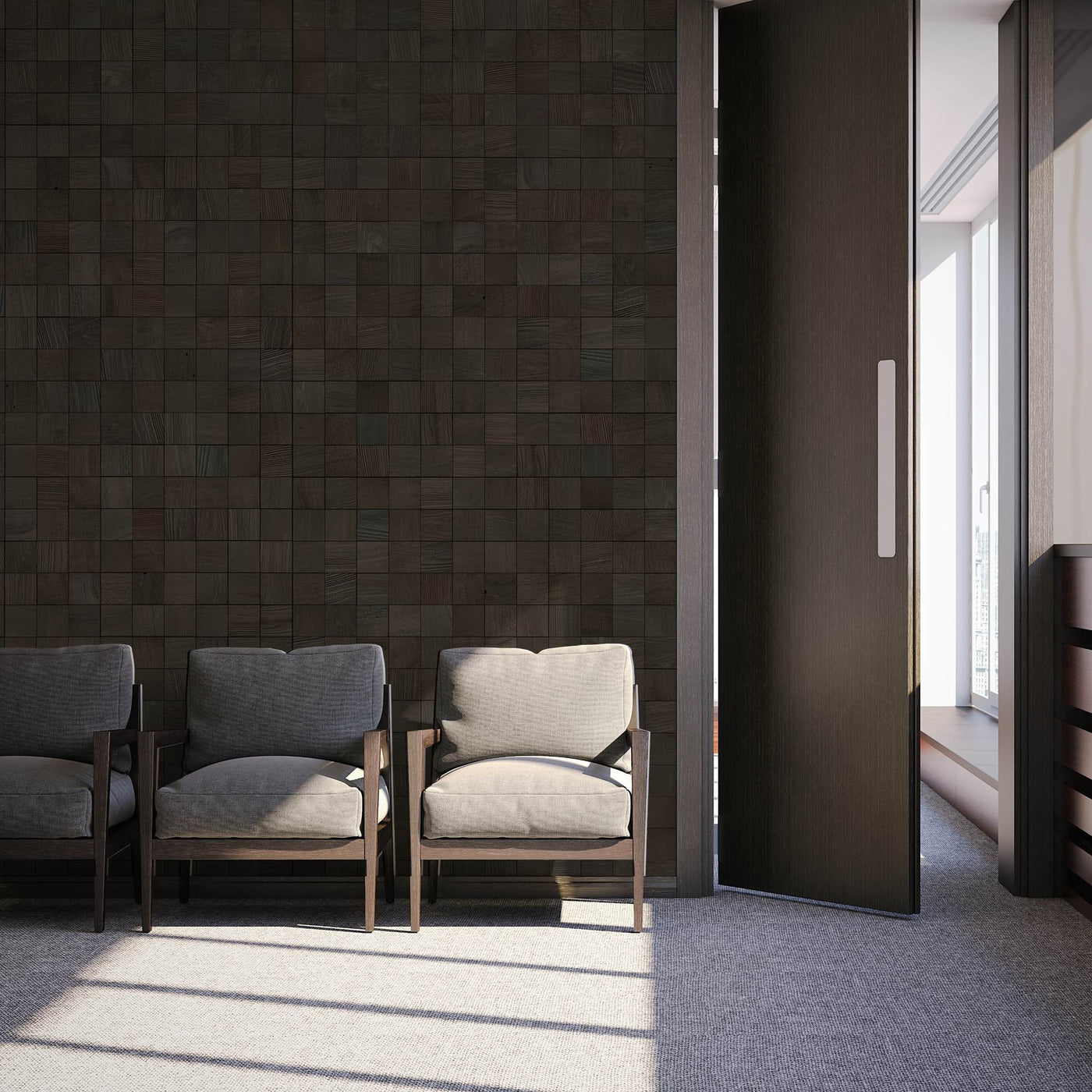 Wall of Grid Gunstock mosaic wood tiles behind three chairs