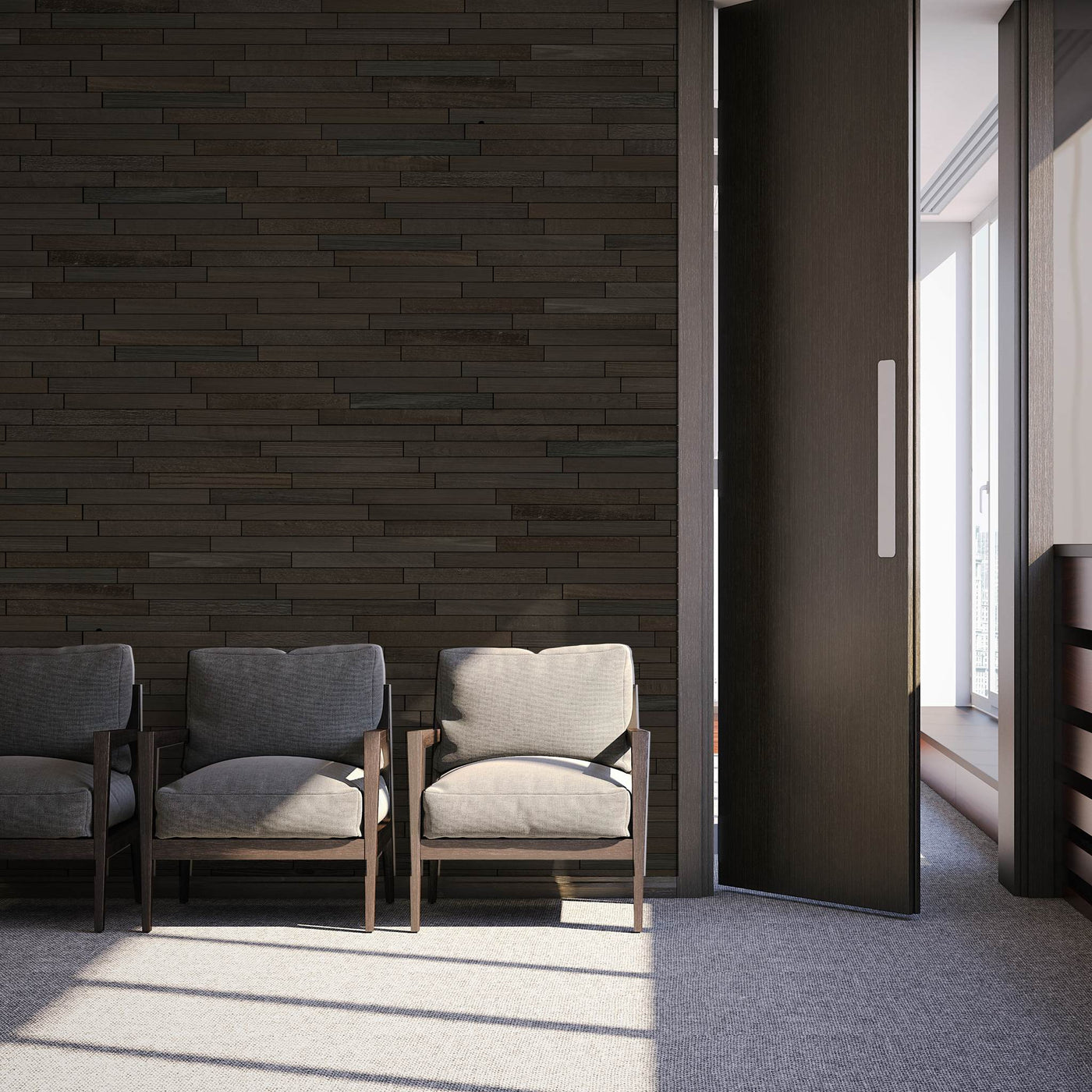 Three chairs against a wall covered in Stacked Gunstock mosaic wood tiles