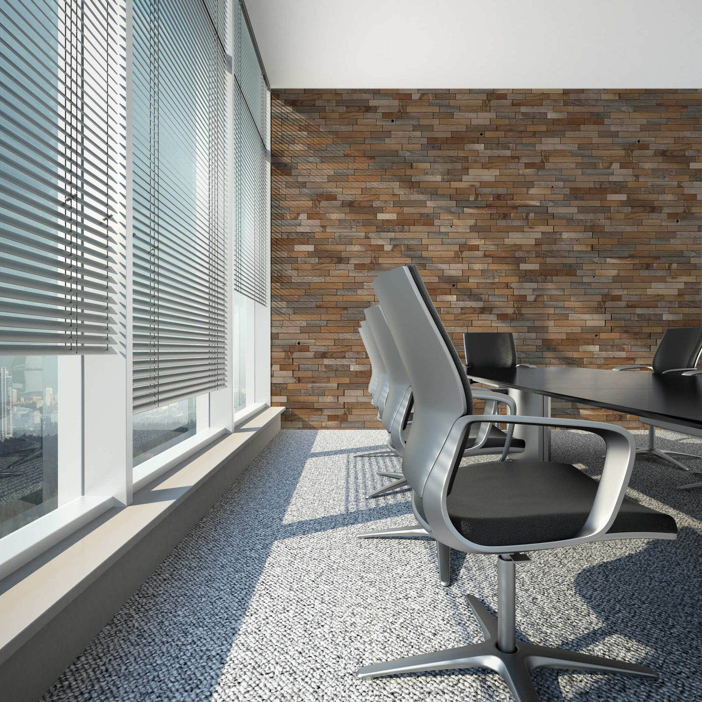 Conference room with a wall covered in Brick Natural Mosaic Wood Wall Tiles