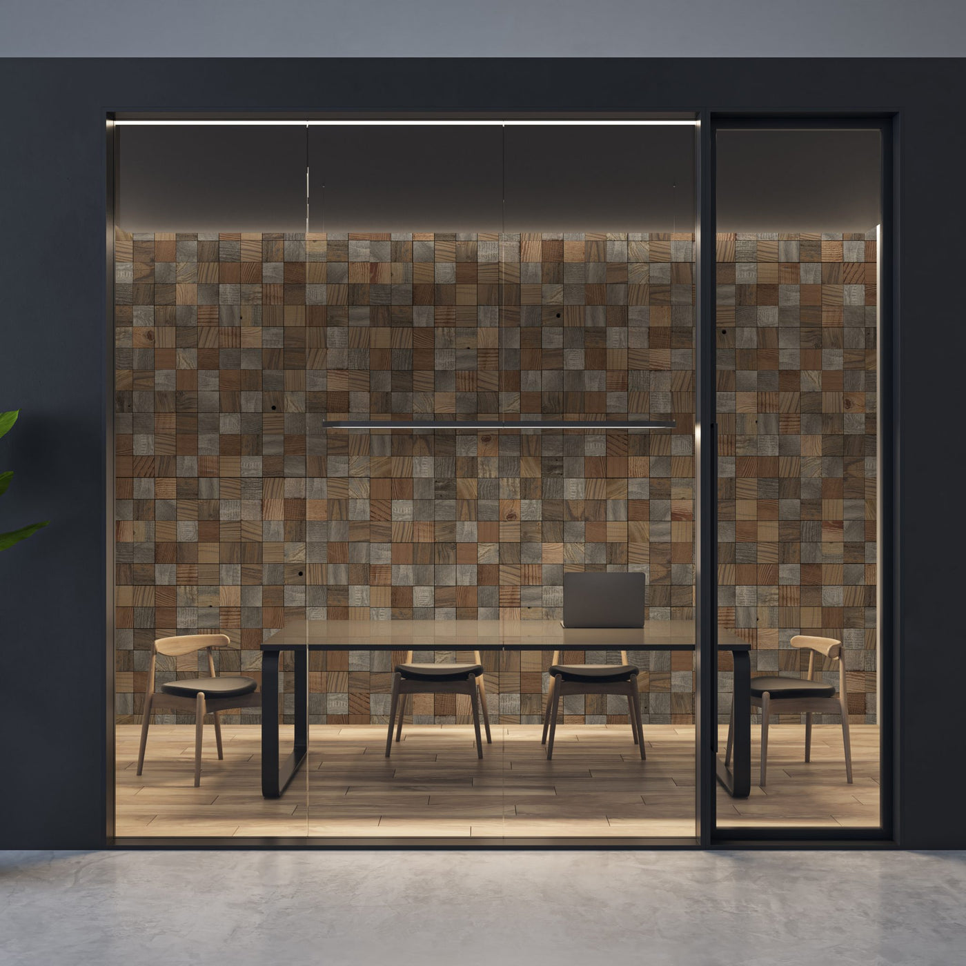 Conference room with Grid Natural Mosaic Wood Wall Tiles behind a glass wall
