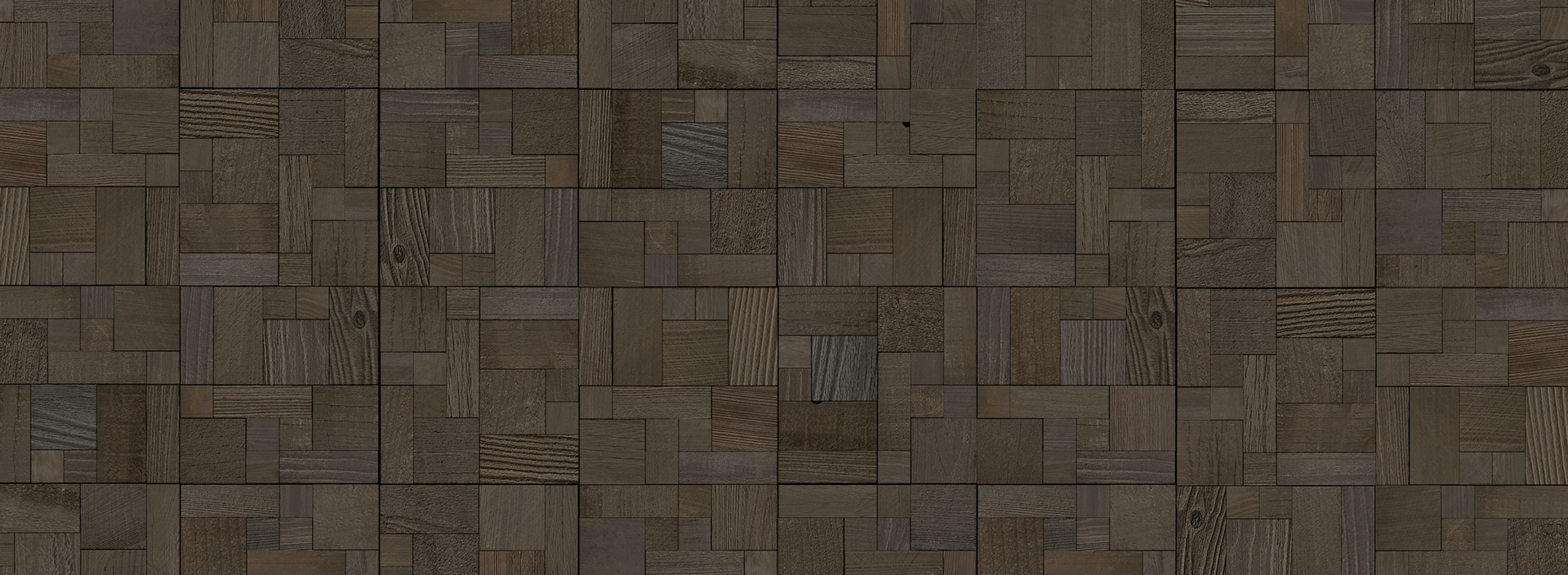 Dark natural wood planks arranged in a geometric pattern creating a textured peel and stick feature wall backdrop