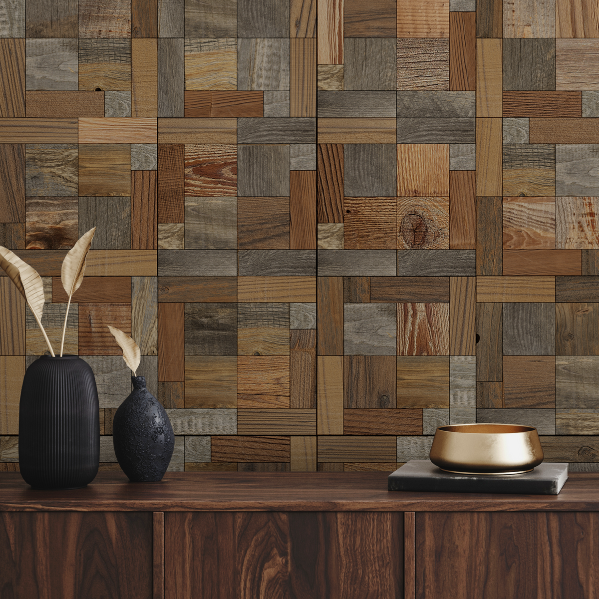 Natural peel and stick wood plank accent wall with varied tones and textures creating a warm, cozy feature space
