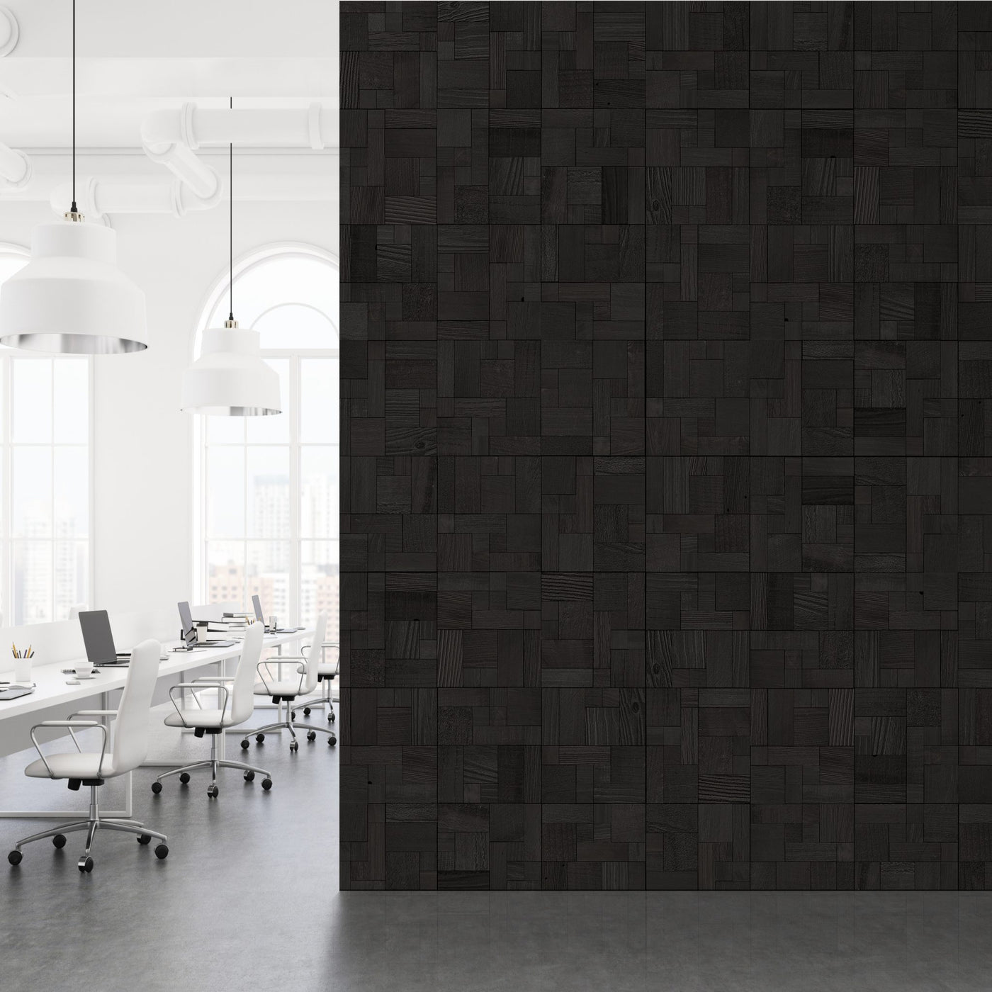 Ashlar2 Ember Mosaic Wood Wall Tiles as a partition in an office space