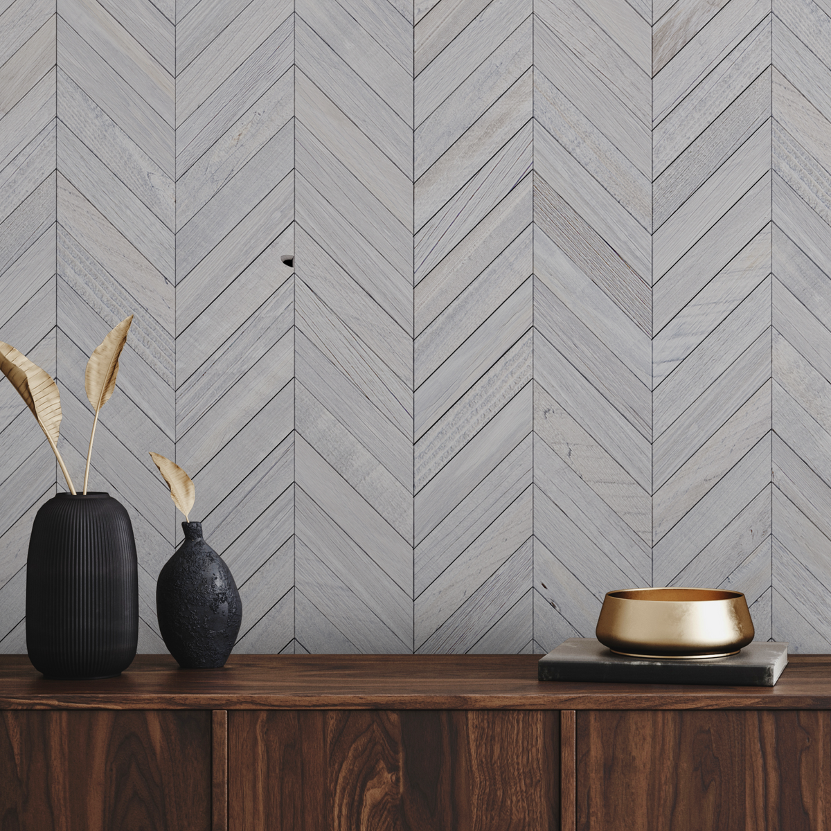 Chevron patterned natural wood accent wall with textured Glacier finish above a dark wooden console table with decorative vases and bowl