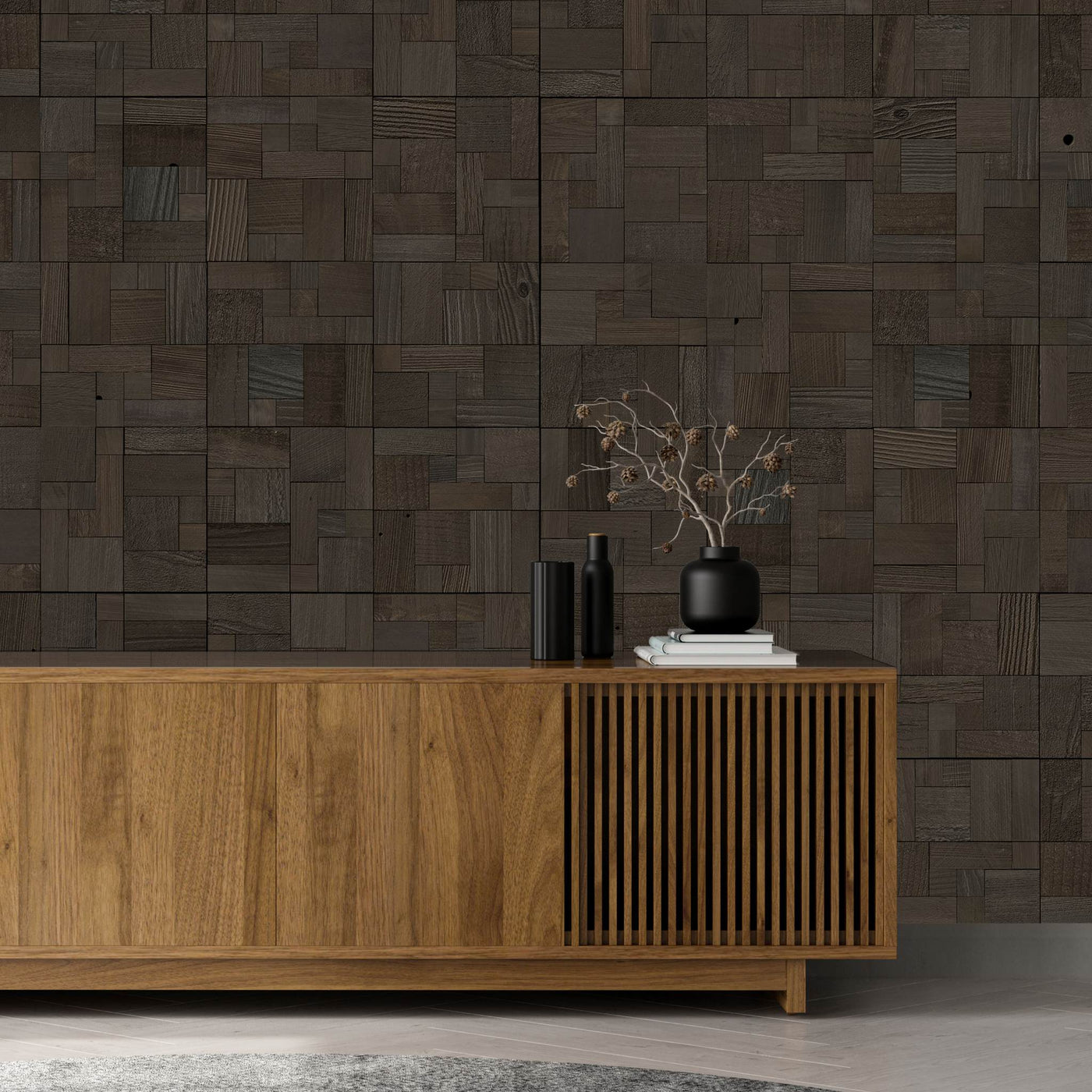 Ashlar2 Gunstock Mosaic Wood Wall Tiles behind a wooden console table