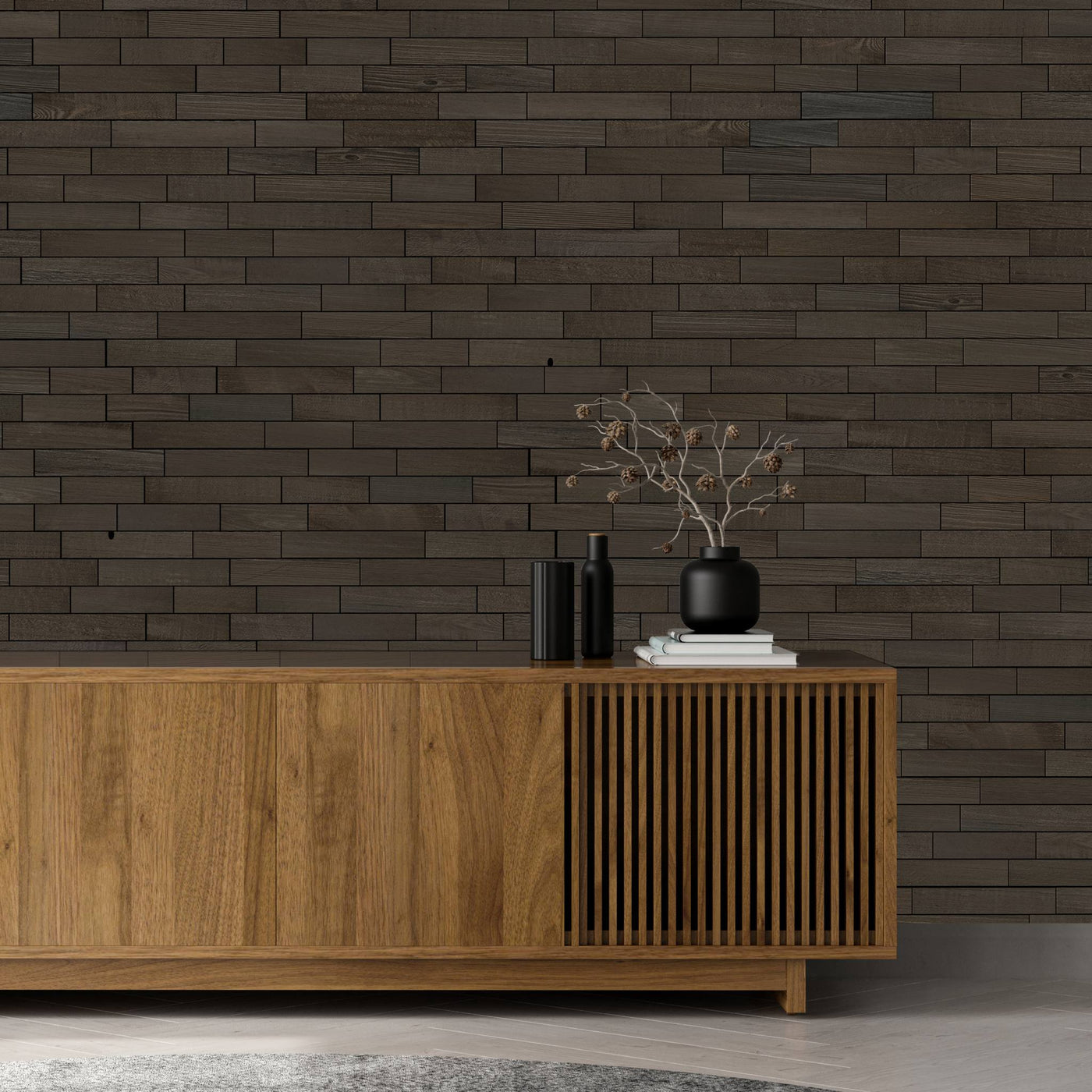 Brick Gunstock Mosaic Wood Wall Tiles behind a wooden console table
