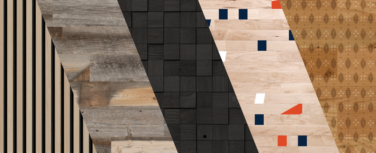 Collage of various Stikwood peel and stick natural wood plank styles showcasing different colors and textures gallery spot 1