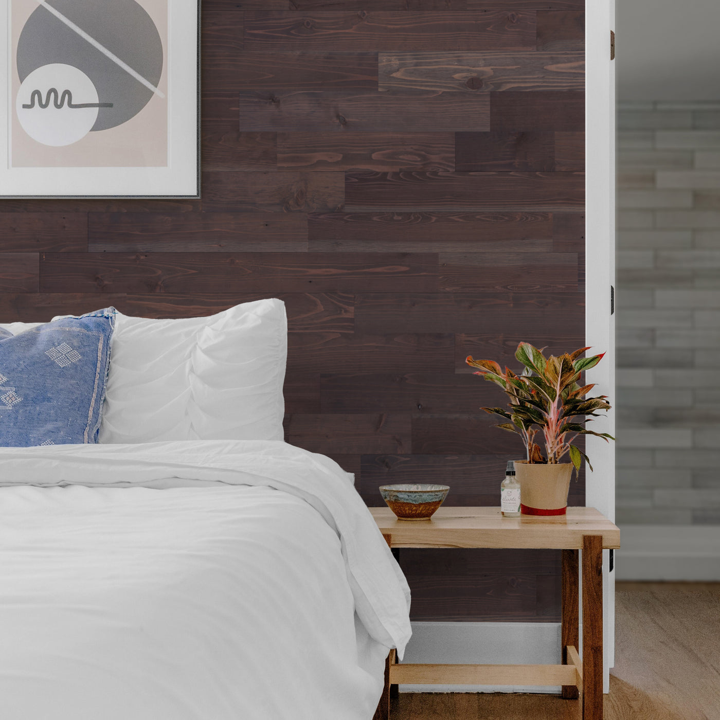 modern brown peel & stick wood planks in bedroom
