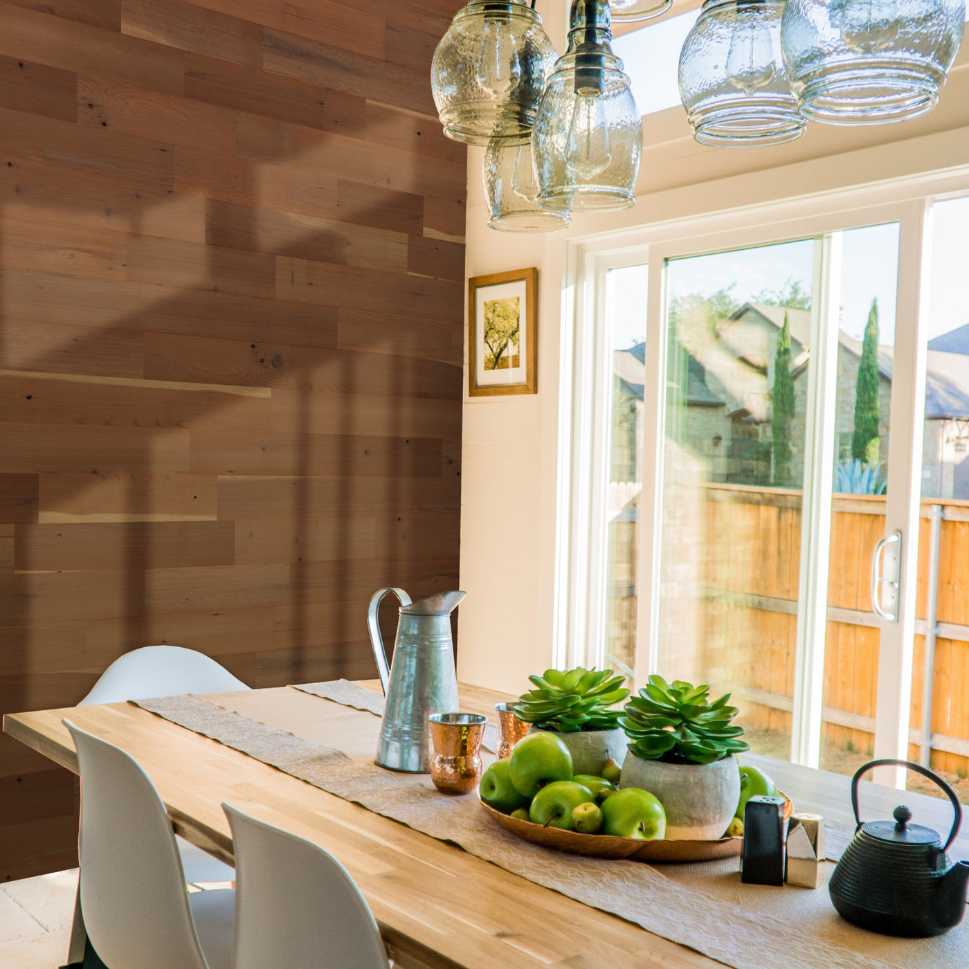 valley fog peel & stick wood planks in dining room